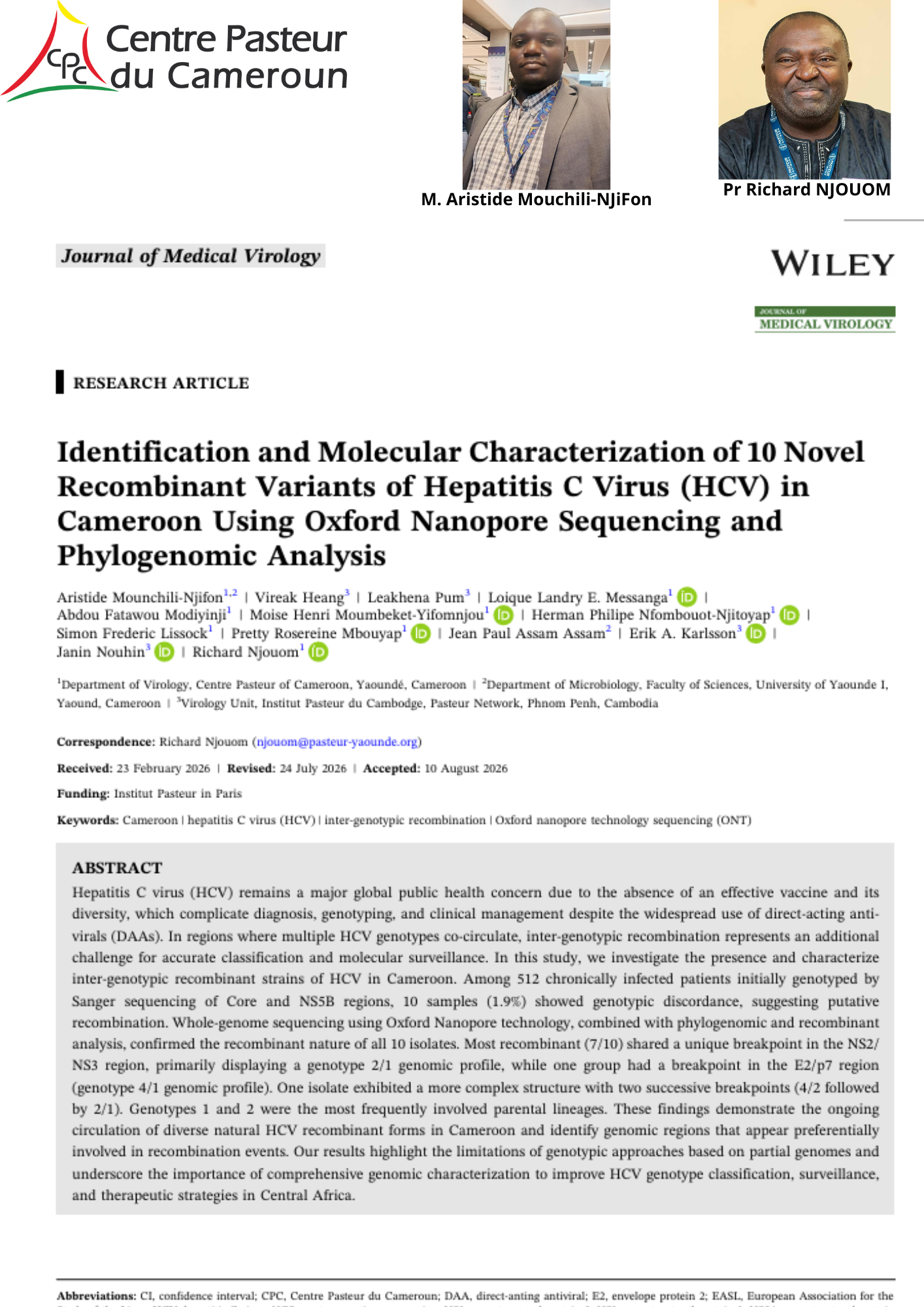 Dix nouveaux variants recombinants du virus de l’hépatite C identifiés et caractérisés au Cameroun